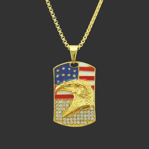 Hip Hop American Flag Eagle Pendant Necklace Alloy Rhinestone Gold Plated Dog Tag Jewelry For Men Streetwear Accessory
