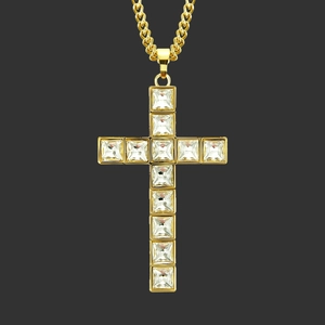 Collier Pendentif Croix Homme Hip Hop Couleur Or Alliage de Zinc Incrusté de Strass Chaîne Cubaine Bijoux de Mode Cadeau