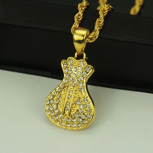 Collier hip hop plaqué or avec pendentif sac d'argent et diamants étincelants