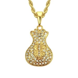 Collier pendentif sac d'argent doré hip hop avec strass brillants et chaîne torsadée