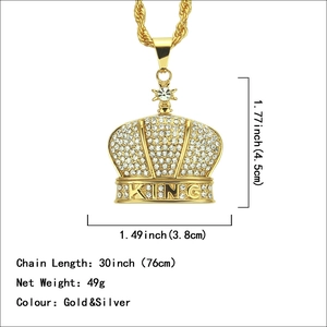 Goldener Hip-Hop-Kronenanhänger mit Strass und KING-Gravur an langer Kordelkette
