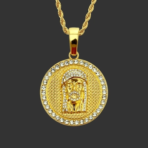 Hip Hop Gold Legierung Jesus Medaillon Halskette Rund Strass Verzierung Mit Kordelkette Für Herren Mode Schmuck