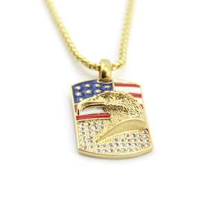 Hip hop gold dog tag necklace with American flag eagle and rhinestones for men