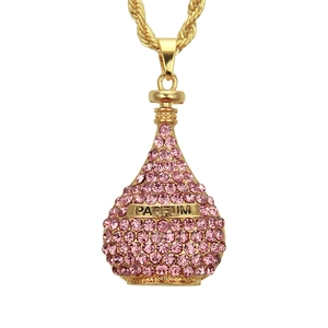Collier Pendentif Flacon de Parfum 3D Hip Hop Or Alliage Incrusté Strass Rose Violet Lettre PARFUM Longue Chaîne de Pull Bijoux
