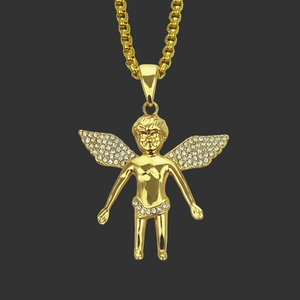 Hiphop Legierung Gold Plattiert Engel Anhänger Halskette Glänzend Strass Cherub Vierkantkette Für Herren Damen Mode Schmuck