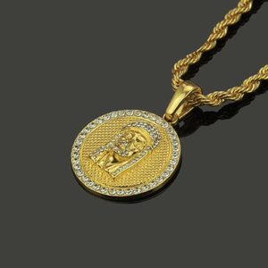 Hip Hop Gold Jesus Anhänger mit glitzernden Strasssteinen an einer Seilkette