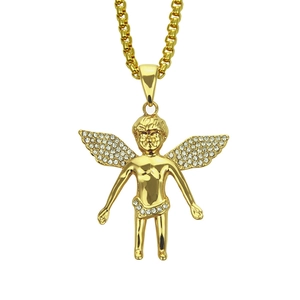 14K vergoldete Hip Hop Engel Halskette mit funkelnden Kristallen und Box-Kette