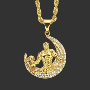 Collier Pendentif Homme Musclé Fitness Haltère Hip Hop en Alliage avec Strass pour Homme Bodybuilding Croissant de Lune Bijoux