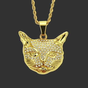 Collier Pendentif Tête de Chat Hip Hop Iced Out pour Hommes Bijoux en Alliage avec Strass et Chaîne Torsadée en Acier Inoxydable