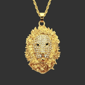 Collana Con Ciondolo a Testa di Leone Hip Hop per Uomo Lega Placcata Oro Strass Intarsiato Motivo Animale Catena a Corda Gioielli Moda Street