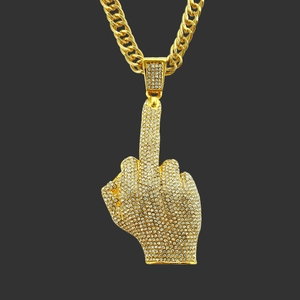 Collier Pendentif Geste Doigt d'Honneur Hip Hop Iced Out pour Hommes Alliage de Zinc Strass Maille Gourmette Chaîne Corde Bijoux Streetwear