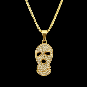 Collier Pendentif Masque de Crâne Hip Hop pour Hommes en Alliage Plaqué Or avec Strass Iced Out Pendentif Balaclava Bijoux