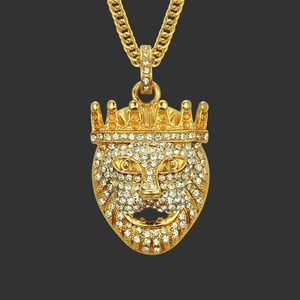 Hip Hop Lion Head Crown Pendant Necklace For Men Gold Plated Alloy Iced Out Rhinestone With Cuban Chain Fashion Jewelry Gift