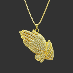 Hip Hop Praying Hands Pendant Necklace For Men Gold Plated Alloy Iced Out Rhinestone Religious Jewelry With Box Chain
