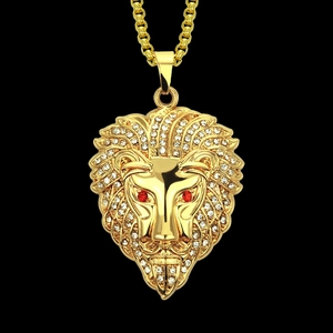 Collier Pendentif Tête de Lion Hip Hop en Alliage Plaqué Or Argent Avec Yeux Rouges et Strass Blancs pour Hommes Bijoux Punk Rock