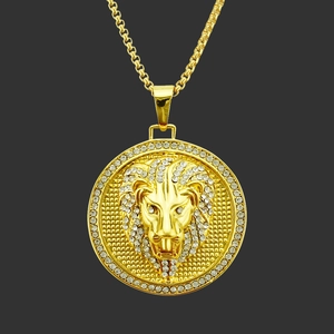 Hip Hop Lion Head Pendant Necklace For Men Zinc Alloy Rhinestone Inlaid Box Chain Street Style Fashion Jewelry