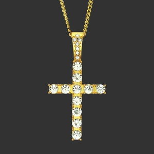 Détail du pendentif croix inversée dorée avec strass blancs et chaîne torsadée hip hop