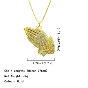 Gold prayer hands pendant necklace with sparkling rhinestones and 30 inch chain