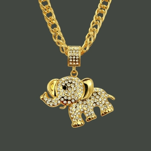 Collier Pendentif Éléphant Hip Hop de Luxe pour Hommes Femmes Pendentif Animal Strass Pavé Or avec Chaîne Cuba Bijou