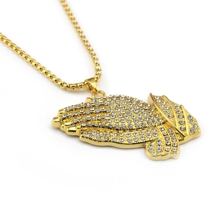 Hip hop gold praying hands pendant necklace with sparkling white rhinestones for men