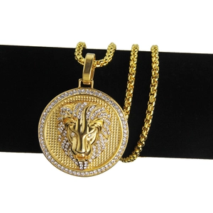 Hip hop lion head pendant necklace in gold finish with sparkling pavé crystal details