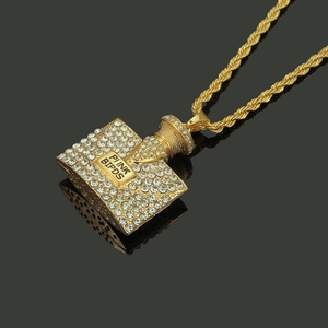 Hip Hop Parfümflaschen Anhänger Halskette in Gold mit Kristallen und Kordelkette