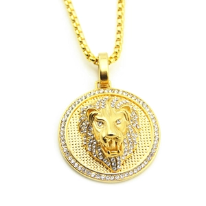 Hip hop lion head pendant necklace in gold finish with sparkling cubic zirconia pavé