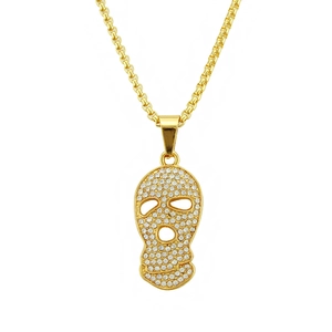 Collier hip hop pendentif masque de crâne doré avec cristaux et chaîne à mailles box