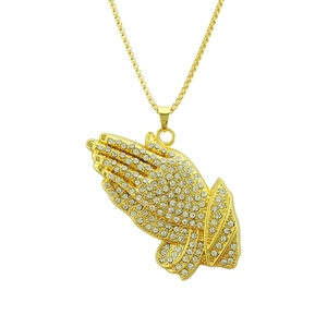Hip hop gold plated praying hands pendant necklace with sparkly rhinestones for men