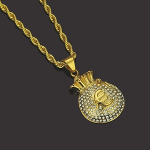 Collar hiphop dorado con colgante de bolsa de dinero, signo euro y cristales brillantes