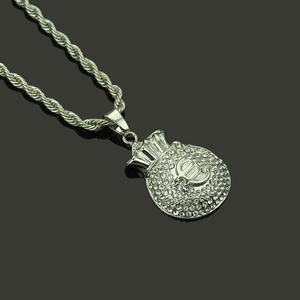 Collar hip hop con colgante de bolsa de dinero plateada, signo euro y cadena de cuerda