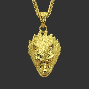 Men Hip Hop Wolf Head Pendant Necklace Zinc Alloy Rhinestone Animal Long Foxtail Chain Retro Streetwear Jewelry Gift