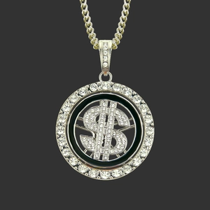 Collana con Pendente a Segno del Dollaro Girevole Hip Hop in Lega con Strass Oro Argento Catena Cubana Gioielli Uomo