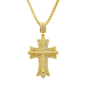 Collier Pendentif Croix 3D Hip Hop pour Hommes en Alliage de Luxe avec Strass Chaîne Vénitienne Dorée Bijoux