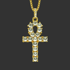 Hip Hop Ägyptisch Ankh Kreuz Anhänger Halskette Zinklegierung Strass Eingelegt Lange Box-Kette Für Herren Damen Schmuck