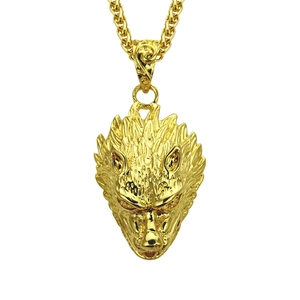 Golden wolf head pendant necklace with wheat chain for hip hop style on white background