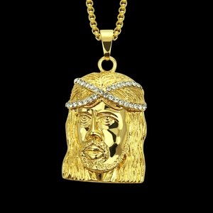 Collana Con Ciondolo Testa di Gesù in Lega Placcata Oro Hip Hop Con Corona di Spine in Strass Catena a Box 30 Pollici Gioielli Uomo