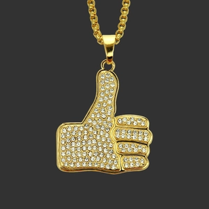 Collana con Pendente Pollice in Su Hip Hop in Lega con Strass per Uomo Catena Veneziana Placcata Oro Gioielli Moda Street