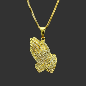 Collana con Pendente Mani in Preghiera Iced Out Hip Hop Lega Strass Catena Box Gioielli Moda Uomo Oro Argento