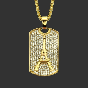 Hip Hop Eiffel Tower Dog Tag Pendant Necklace For Men Gold Plated Alloy Inlaid Rhinestone Long Box Chain Fashion Jewelry