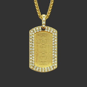 Collana con Pendente Dog Tag Hip Hop Iced Out Colore Oro Lega Strass Pendente Con Catena a Spiga Uomo Gioielli