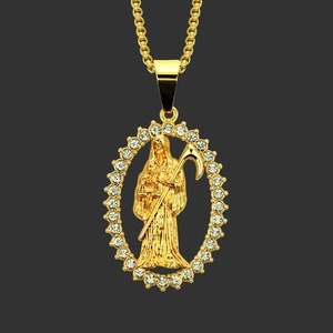 Santa Muerte Hip Hop Pendant Necklace For Men Alloy Rhinestone Religious Iced Out Jewelry Gold Silver Box Chain