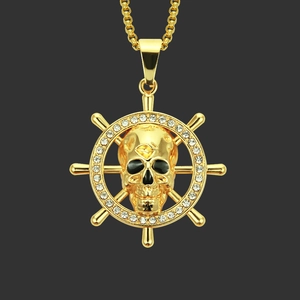 Hip Hop Skull Ship Wheel Pendant Necklace For Men Gold Silver Plated Rhinestone Inlaid Gothic Punk Jewelry Alloy Box Chain