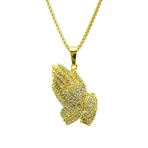 Collier Pendentif Mains en Prière Hip Hop Alliage Strass Complet Bijoux Iced Out Or Argent Plaqué Chaîne Box Unisexe