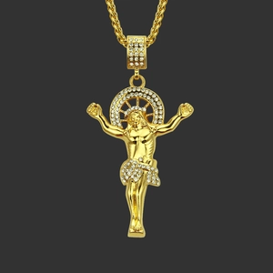 Collier Pendentif Jésus Hip Hop en Alliage Plaqué Or avec Strass pour Hommes Bijoux Religieux Crucifix Chaîne Torsadée