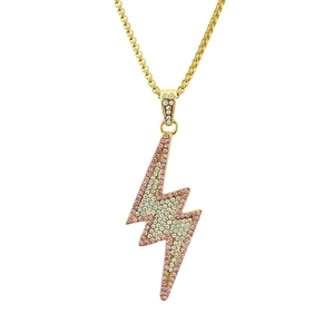 Goldfarbene Hip-Hop-Halskette mit Blitz-Anhänger und rosa-weißen Strass-Steinen.