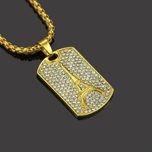 Hip hop style gold military dog tag necklace with Eiffel Tower and inlaid crystals
