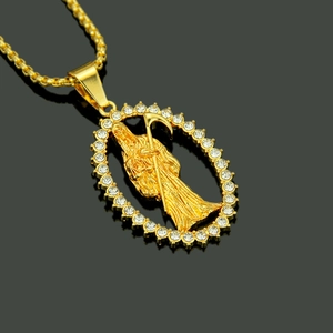 Hip hop Santa Muerte pendant necklace in gold finish with micro pavé crystals and box chain