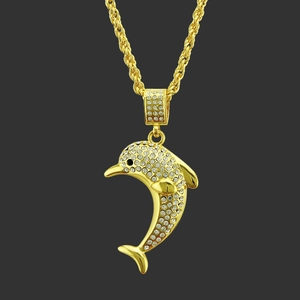 Hip Hop 3D Dolphin Pendant Necklace For Men Women Gold Plated Alloy Rhinestone Inlaid Rope Chain Streetwear Jewelry