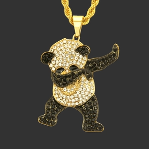 Περιδέραιο με μενταγιόν panda hip hop dabbing με λευκούς και μαύρους κρυστάλλους σε αλυσίδα